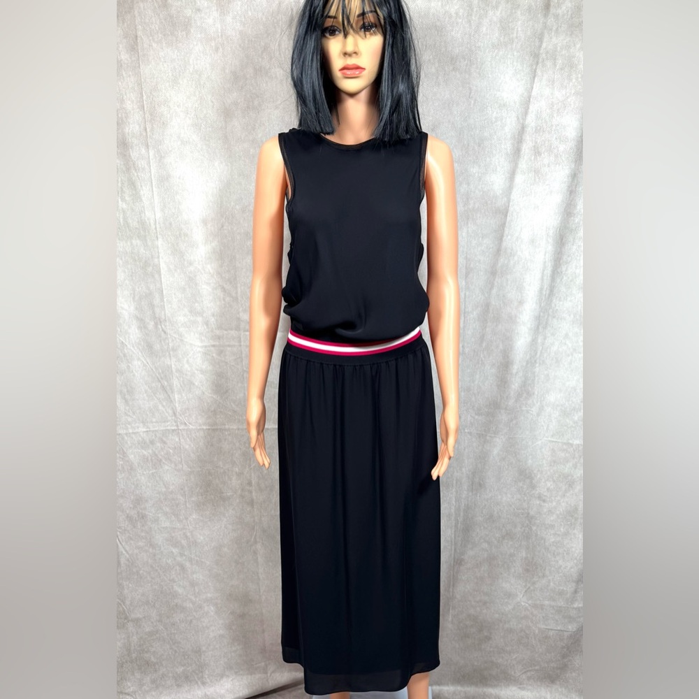 Theory Silk Black A-Line Maxi Dress with Pink Detail for Work